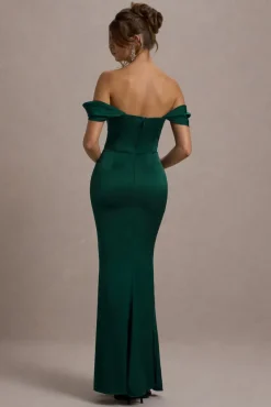 Kimberly | Bottle Green Bardot Fishtail Satin Maxi Dress