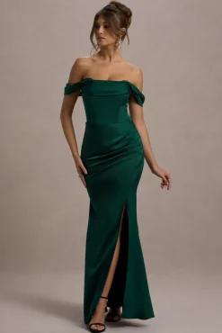 Kimberly | Bottle Green Bardot Fishtail Satin Maxi Dress