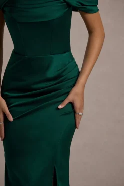 Kimberly | Bottle Green Bardot Fishtail Satin Maxi Dress