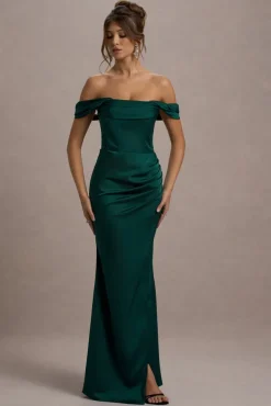 Kimberly | Bottle Green Bardot Fishtail Satin Maxi Dress