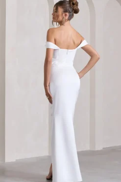 Kimberly | White Bardot Fishtail Satin Maxi Dress