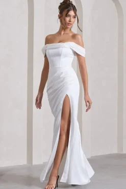 Kimberly | White Bardot Fishtail Satin Maxi Dress
