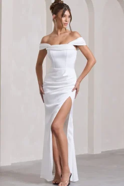 Kimberly | White Bardot Fishtail Satin Maxi Dress