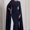Kimmy | Navy High Neck Maxi Dress With Cape Sleeves