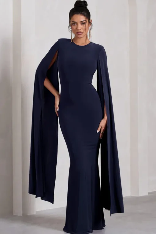 Kimmy | Navy High Neck Maxi Dress With Cape Sleeves