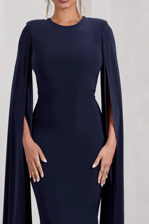 Kimmy | Navy High Neck Maxi Dress With Cape Sleeves