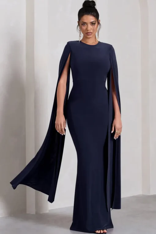 Kimmy | Navy High Neck Maxi Dress With Cape Sleeves