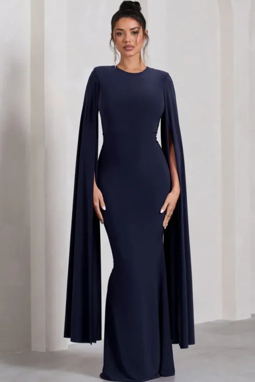 Kimmy | Navy High Neck Maxi Dress With Cape Sleeves
