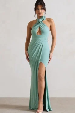 Kira | Sage Halter-Neck Cut-Out Split Maxi Dress With Flowers