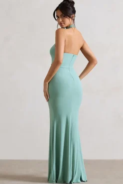 Kira | Sage Halter-Neck Cut-Out Split Maxi Dress With Flowers