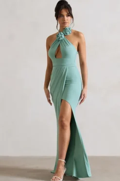 Kira | Sage Halter-Neck Cut-Out Split Maxi Dress With Flowers