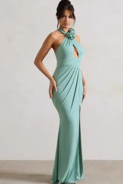 Kira | Sage Halter-Neck Cut-Out Split Maxi Dress With Flowers