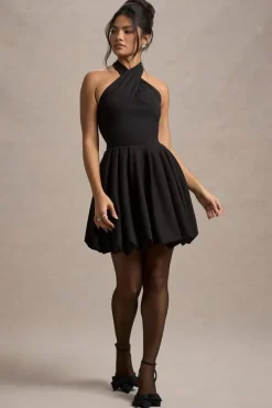 Klytie | Black Halter-Neck Mini Dress With Puff-Ball Skirt