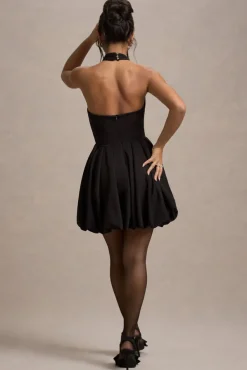 Klytie | Black Halter-Neck Mini Dress With Puff-Ball Skirt