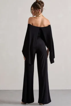 Kori | Black Bardot Straight-Leg Jumpsuit With Cape