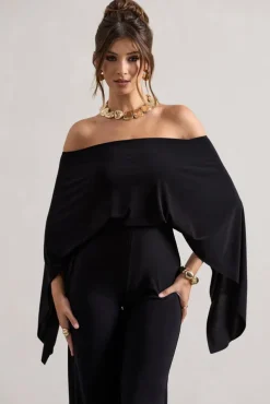Kori | Black Bardot Straight-Leg Jumpsuit With Cape