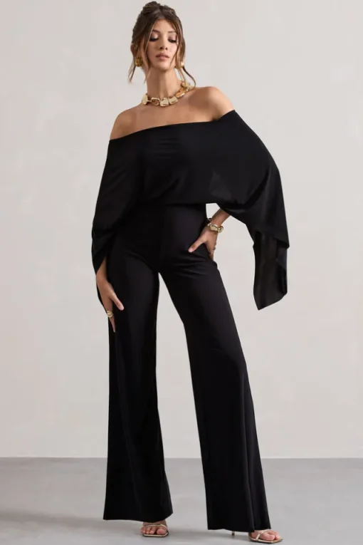 Kori | Black Bardot Straight-Leg Jumpsuit With Cape