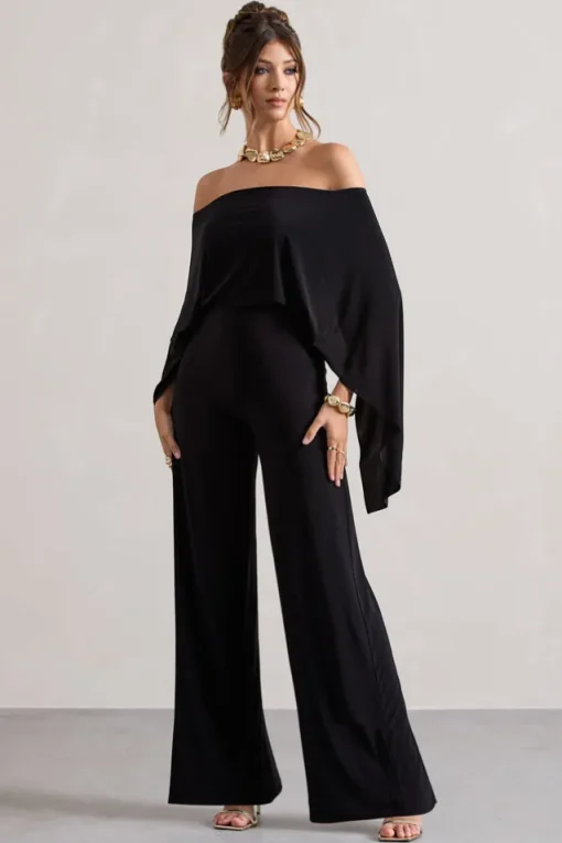Kori | Black Bardot Straight-Leg Jumpsuit With Cape