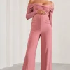 Kyla | Blush Pink Ruched Bardot Long-Sleeved Wide-Leg Maternity Jumpsuit