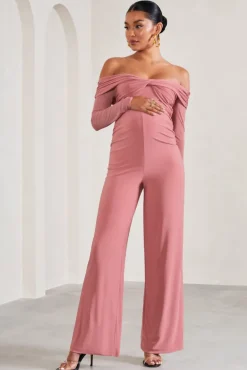 Kyla | Blush Pink Ruched Bardot Long-Sleeved Wide-Leg Maternity Jumpsuit