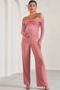 Kyla | Blush Pink Ruched Bardot Long-Sleeved Wide-Leg Maternity Jumpsuit