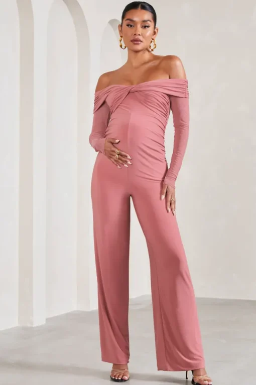 Kyla | Blush Pink Ruched Bardot Long-Sleeved Wide-Leg Maternity Jumpsuit