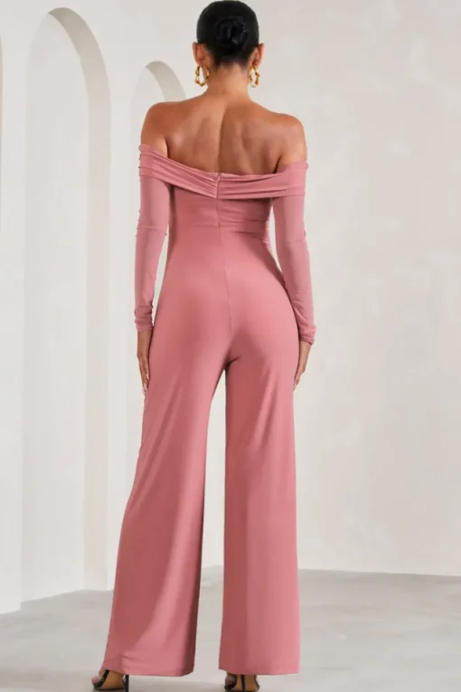 Kyla | Blush Pink Ruched Bardot Long-Sleeved Wide-Leg Maternity Jumpsuit