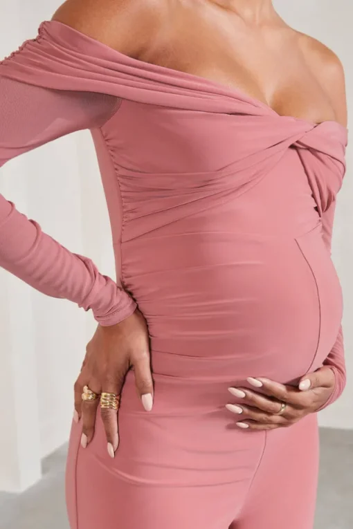 Kyla | Blush Pink Ruched Bardot Long-Sleeved Wide-Leg Maternity Jumpsuit
