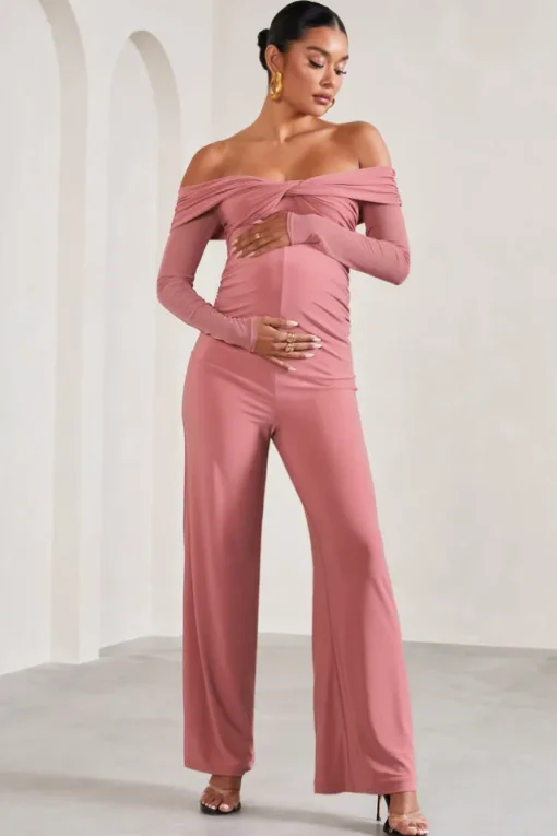 Kyla | Blush Pink Ruched Bardot Long-Sleeved Wide-Leg Maternity Jumpsuit