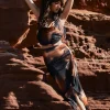 La Belle | Orange Smoke Print Ruffle Maxi Skirt With Thigh Split