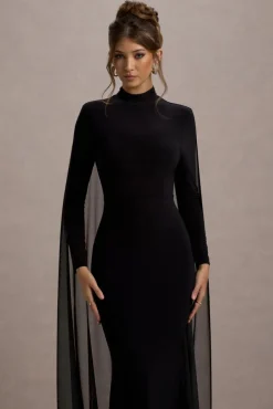La Nuit | Black High-Neck Long-Sleeve Maxi Dress With Cape