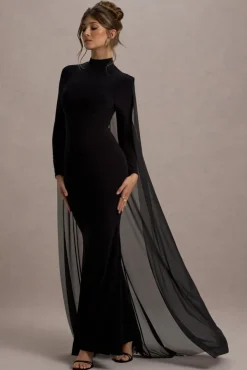 La Nuit | Black High-Neck Long-Sleeve Maxi Dress With Cape