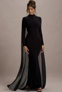 La Nuit | Black High-Neck Long-Sleeve Maxi Dress With Cape