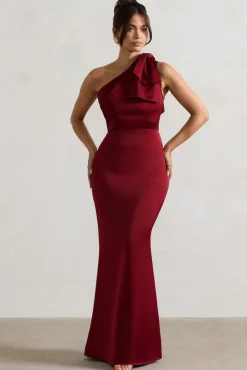 Lady | Berry Satin One Shoulder Maxi Dress With Bow
