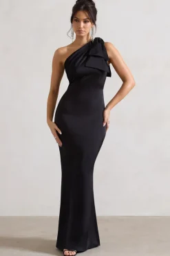 Lady | Black Satin One Shoulder Maxi Dress With Bow