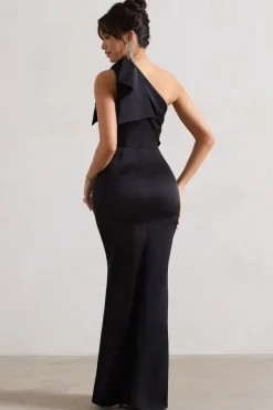 Lady | Black Satin One Shoulder Maxi Dress With Bow