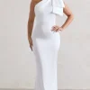 Lady | White Satin One Shoulder Maxi Dress With Bow