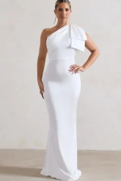 Lady | White Satin One Shoulder Maxi Dress With Bow