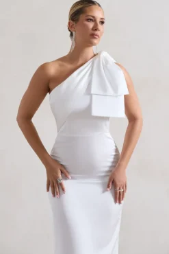 Lady | White Satin One Shoulder Maxi Dress With Bow