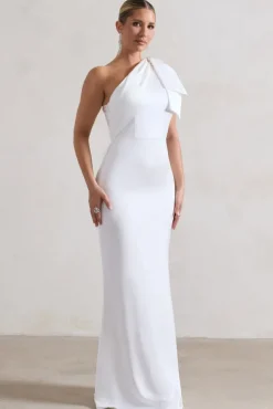 Lady | White Satin One Shoulder Maxi Dress With Bow