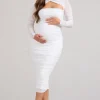 Lady In Waiting | White Ruched Mesh Long-Sleeved Maternity Midi Dress