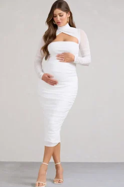 Lady In Waiting | White Ruched Mesh Long-Sleeved Maternity Midi Dress