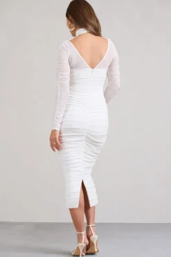 Lady In Waiting | White Ruched Mesh Long-Sleeved Maternity Midi Dress