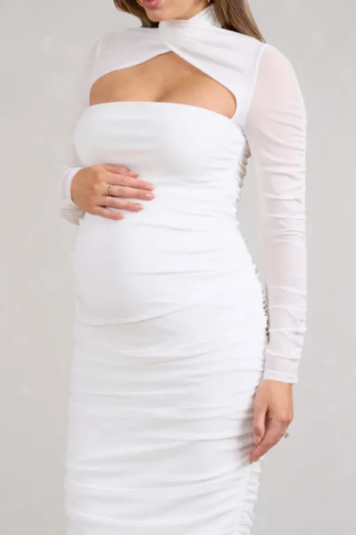 Lady In Waiting | White Ruched Mesh Long-Sleeved Maternity Midi Dress