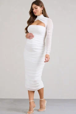 Lady In Waiting | White Ruched Mesh Long-Sleeved Maternity Midi Dress