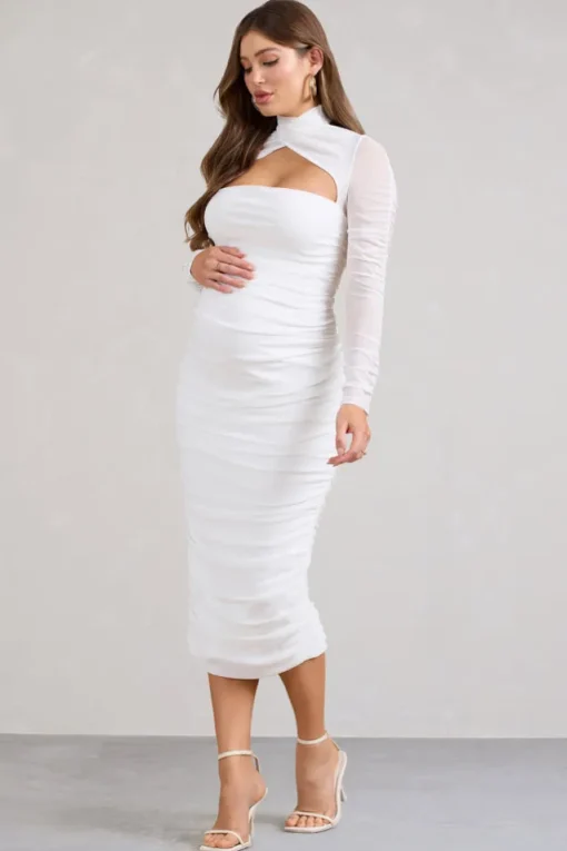 Lady In Waiting | White Ruched Mesh Long-Sleeved Maternity Midi Dress