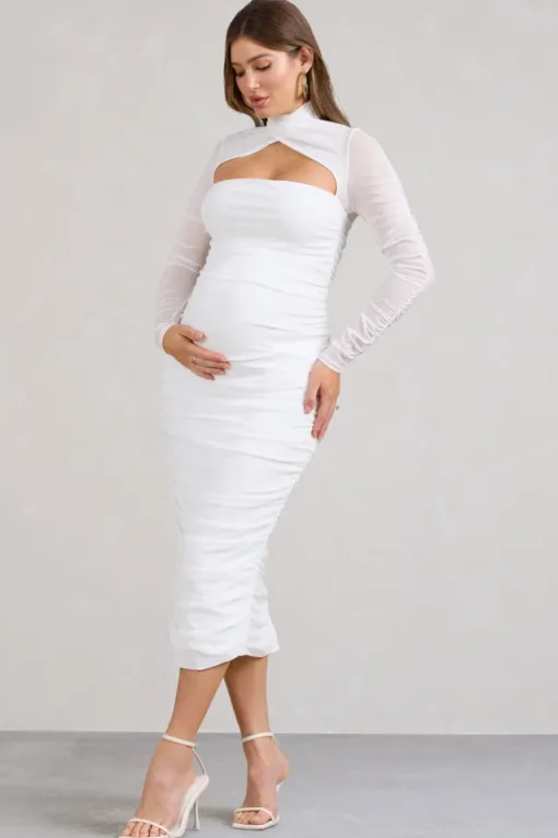 Lady In Waiting | White Ruched Mesh Long-Sleeved Maternity Midi Dress