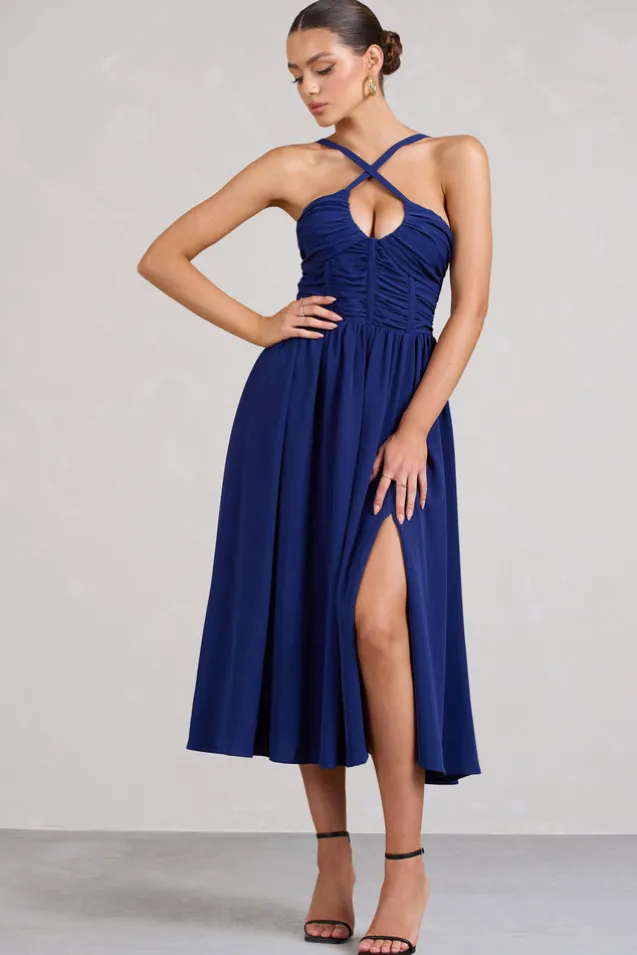 Lady Loren | Navy Ruched Cross-Strap Split Midi Dress