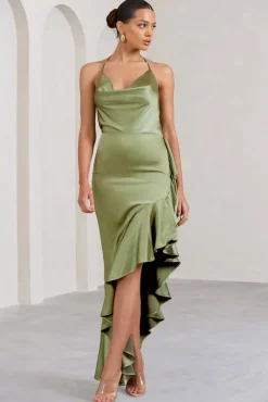 Lady Rosselini | Olive Strappy Asymmetric Ruffled Maxi Dress