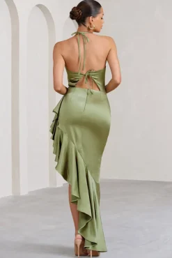 Lady Rosselini | Olive Strappy Asymmetric Ruffled Maxi Dress